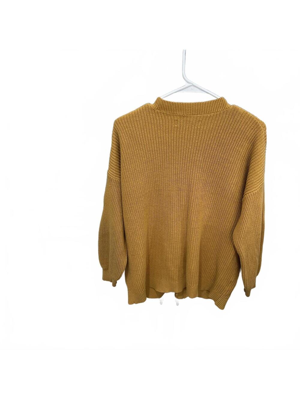 LOFT Mustard Chunky Knit Cardigan Sweater Women's L Cotton Blend Cottage Granny - Picture 3 of 7